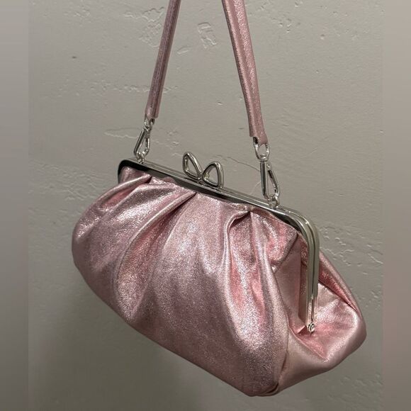 Pearlescent Pink Lambskin Handmade “Bow” Shaped Kisslock Slouchy Bag, Multi Use - Picture 10 of 16